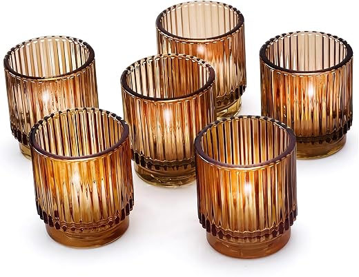 Vintage Ribbed Amber Glass Tea Light Holders