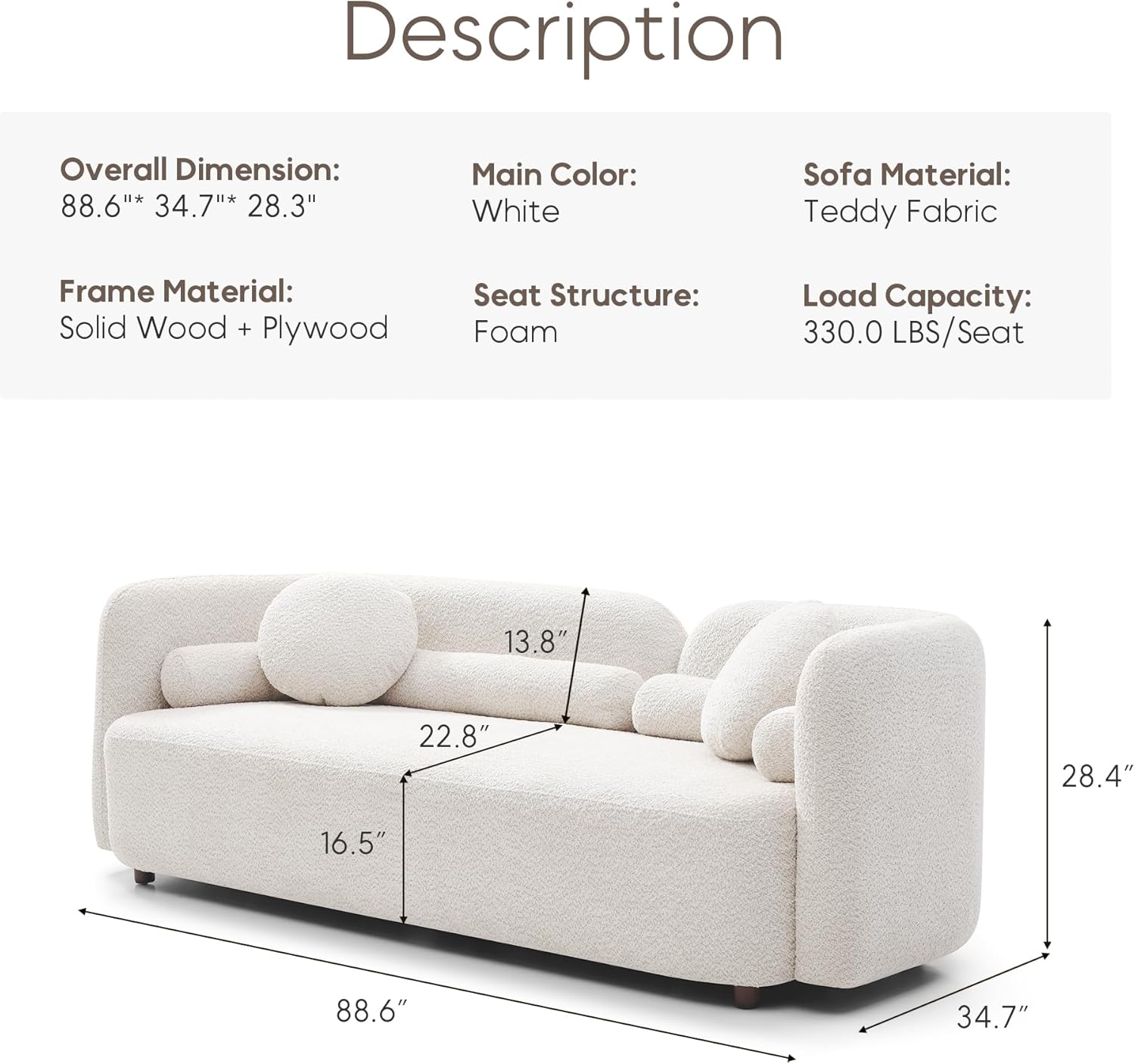 Yoglad 88.58‘’ 3-Seat Modern Curved Boucle Sofa, Cozy Thick Upholstered Teddy Loveseat, Half Moon Aesthetic Design Sherpa Couch for Small Living Room Bedroom Apartment (White)