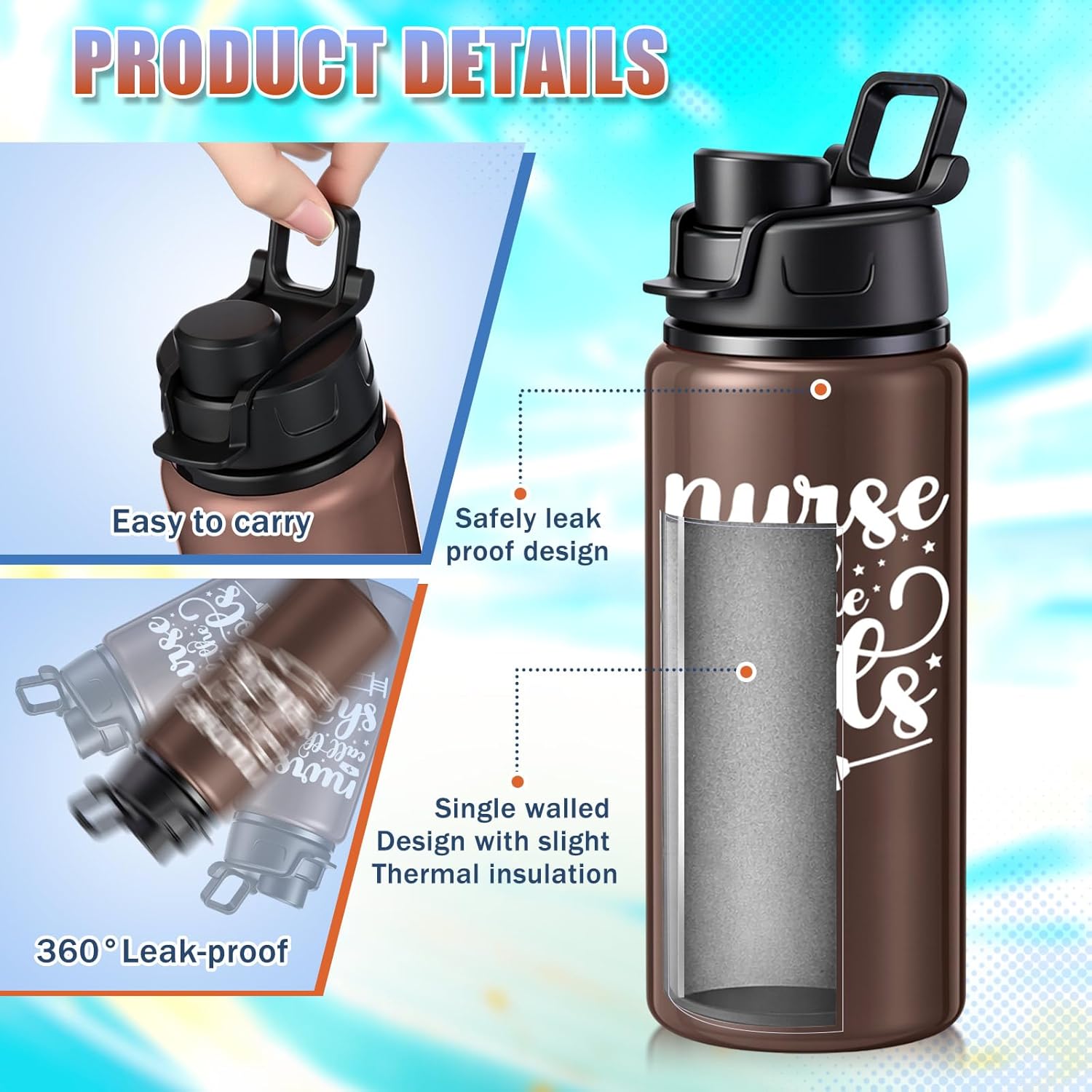10 Pcs Nurse Appreciation Gifts Bulk 20 oz Aluminum Thank You Brown Tumblers with Lids and Straws, Reusable Sports Water Bottles for Nurse Week Practitioner Graduation Women Artistic