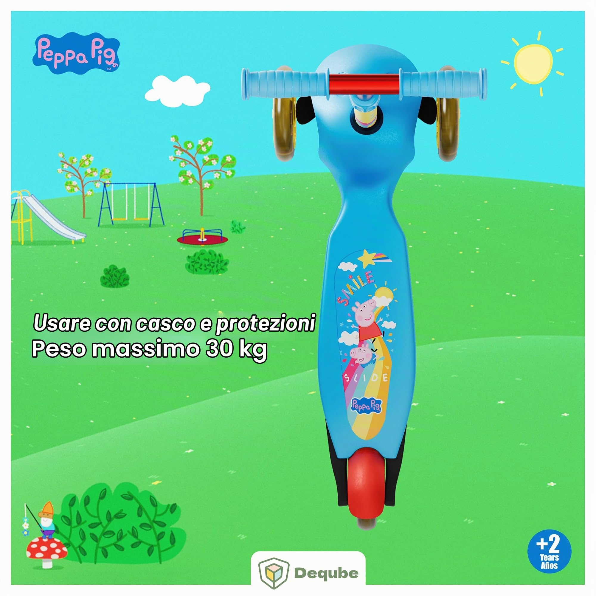 DEQUBE- Monopattino per bambini Peppa Pig - 3 ruote regolabili, con ruote a LED e freno posteriore, pieghevole e facile da trasportare. Ultraleggero e sicuro. per bambini da 2 a 7 anni. (DeQUBE