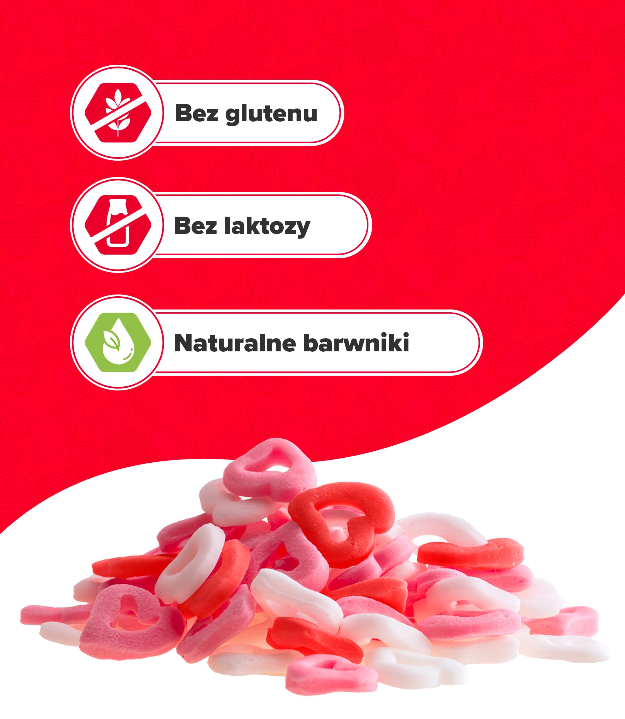 dekora - Sprinkles cukrowe w kształcie pustych serduszek, 100 g – dekoracja tortu i babeczek na Walentynki – z naturalnymi barwnikami