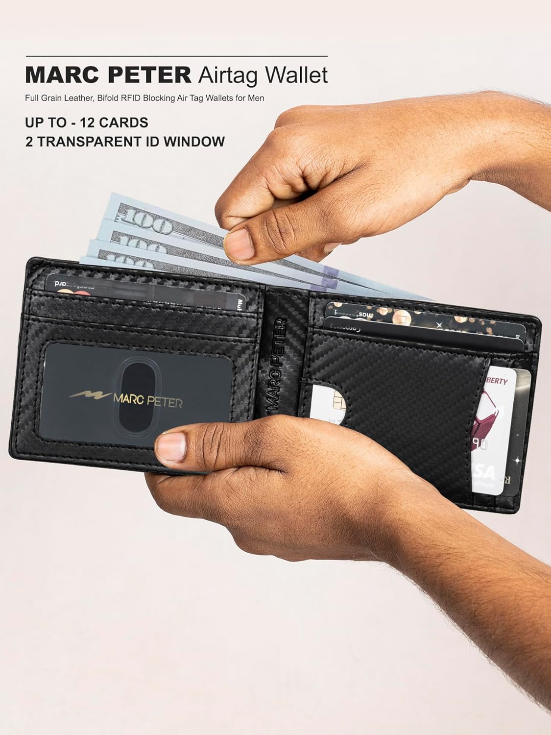Marc Peter Airtag Wallet – Minimalist Front Pocket RFID Blocking Mens Wallet Full Grain Leather, Bifold AirTag Holder with 2 ID Window up to 14 Cards and Gift Box Carbon - Image 9