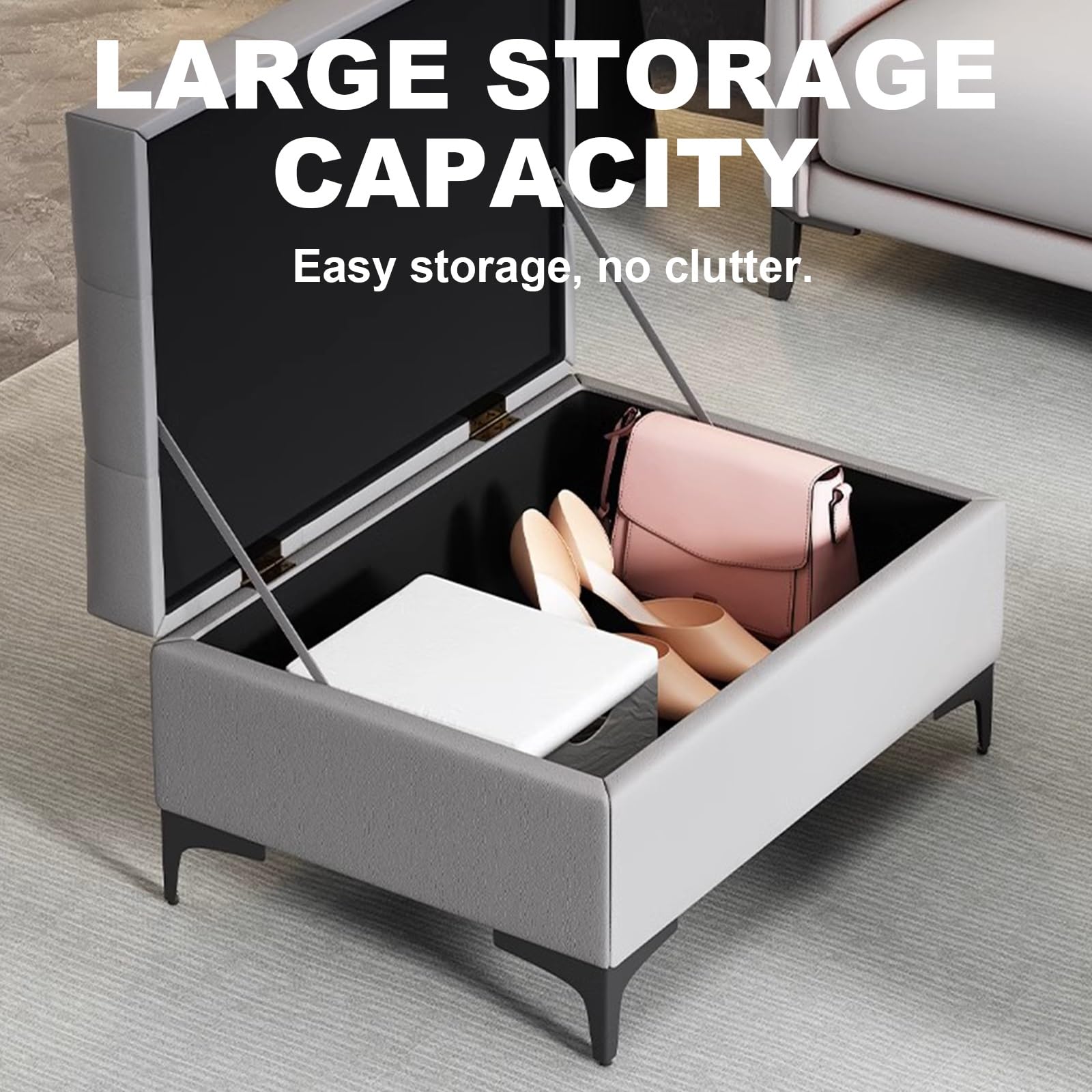 Pouf Contenitore Moderno, Sgabello Contenitore Imbottito in Pelle