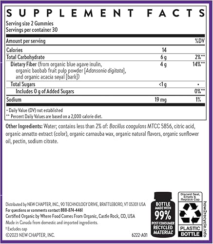 Miniatura 7 de New Chapter Gomitas de fibra orgánica para adultos, hasta 0.28 oz de fibra prebiótica a base de plantas para la salud digestiva, veganas, sin OMG,