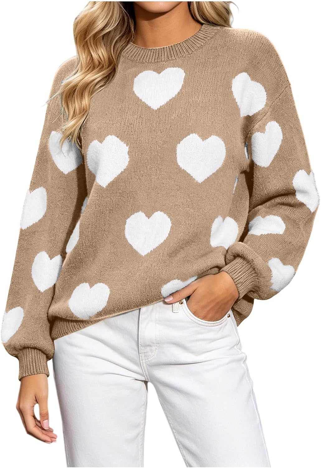 Lmdudan Women's Jacquard Kint Sweater Long Sleeve Crew Neck Loose Heart Pullover Cute Casual Fall Winter Cozy Layering Tops