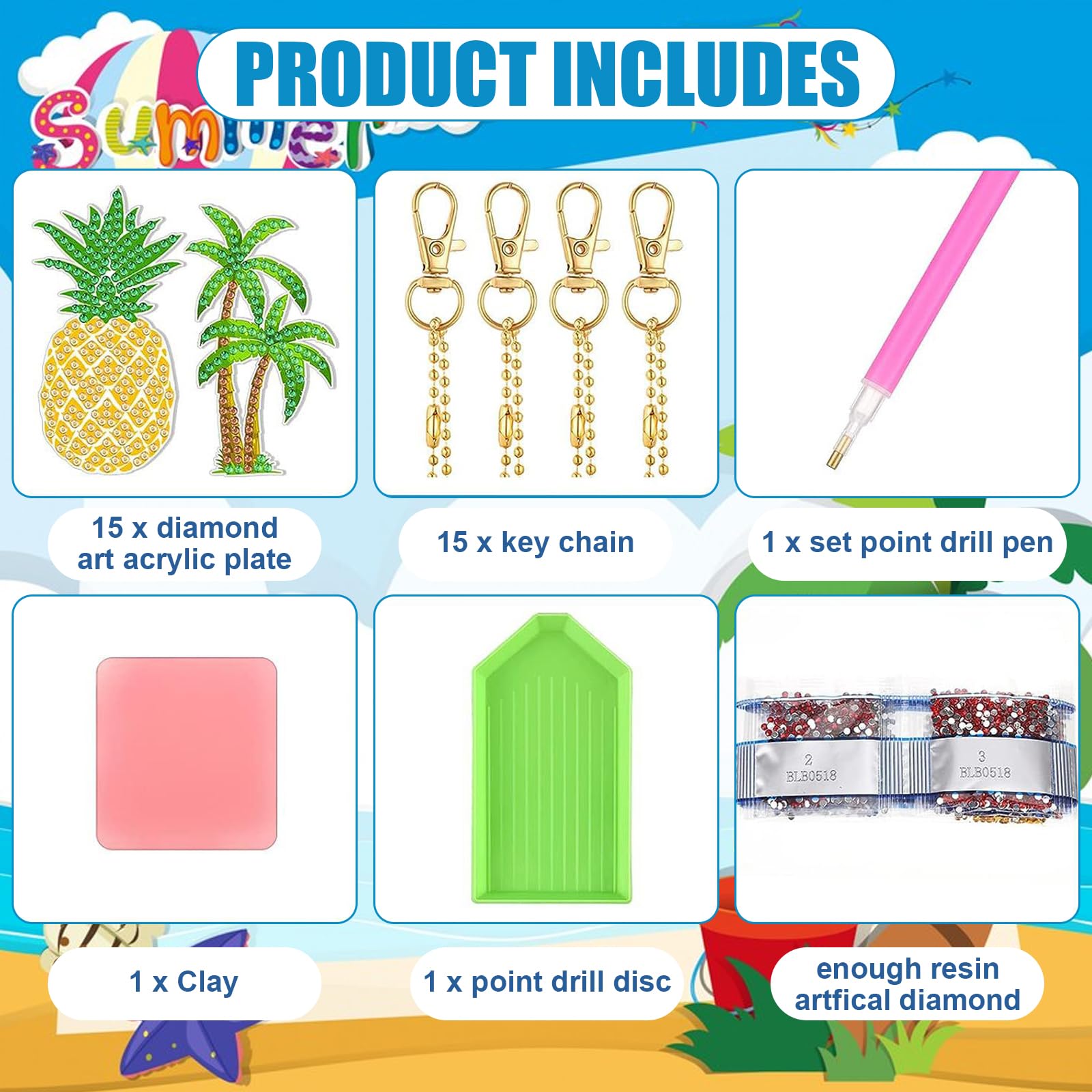 15 Pezzi Doppio Lato Diamante Portachiavi Kit Stili Hawaiani Estiva Diamond Painting Portachiavi Keychain per Bambini Adulti Principianti Pittura Diamante Fai da te Mosaico Decorativi Ciondolo Regali