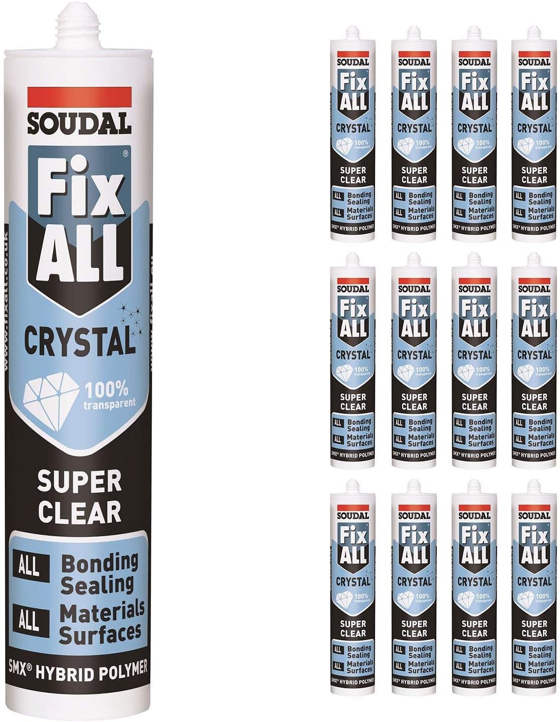 Pack of 12 Soudal Fix All Crystal Clear 100% Transparent Neutral Silicone Sealant Adhesive