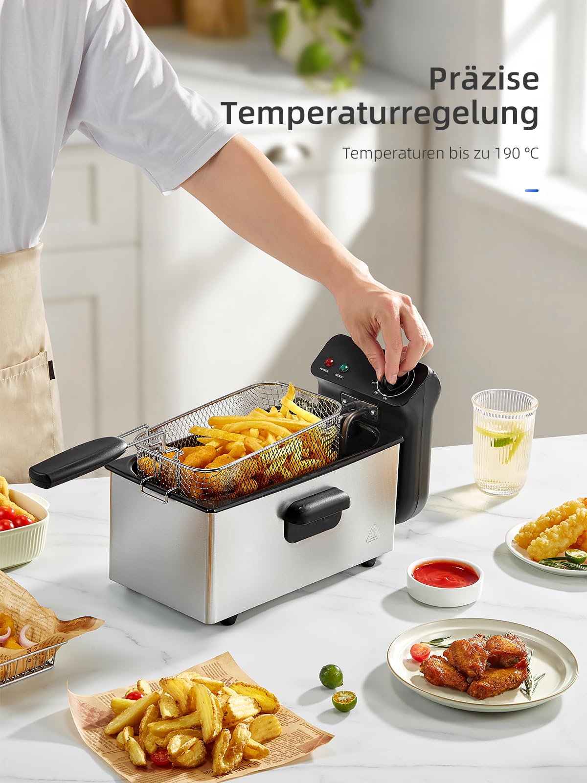 Fritteuse 3 Liter, Cool Zone Technologie, Verstellbarer Thermostat bis 190°C, 2000W Kaltzonenfritteuse mit Großem Sichtfenster und Doppel-Thermostat