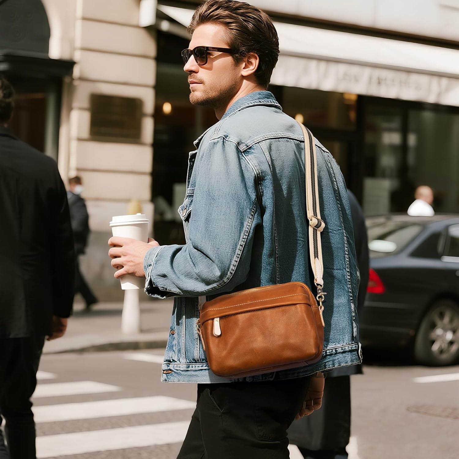 full-grain leather Crossbody Bag. Vintage unisex crossbody with brass hardware, multiple pockets for work & travel. - Image 2