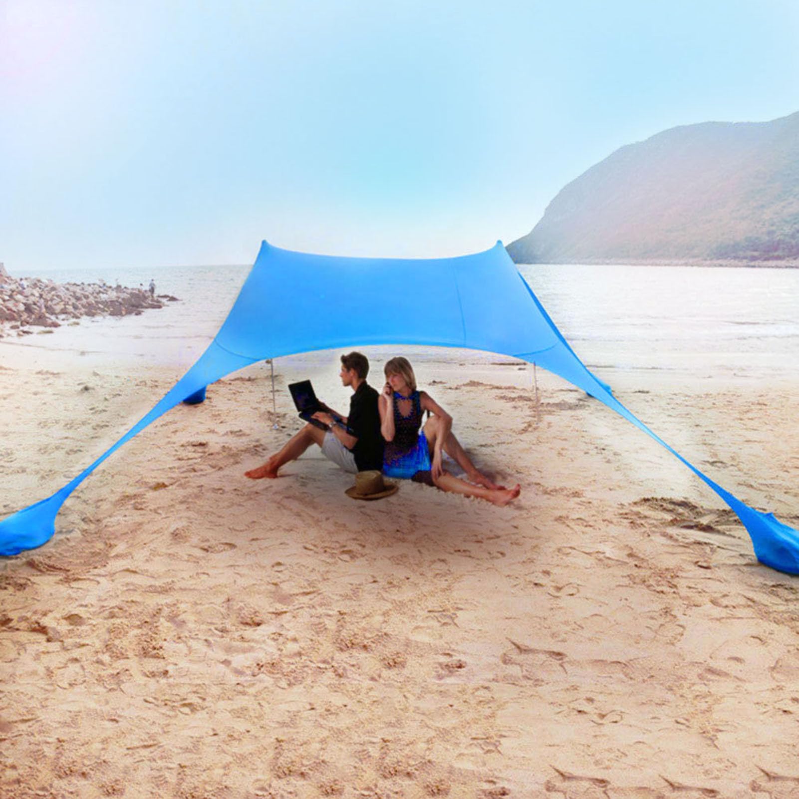 Auvent de plage – Pavillon d'ombrage extérieur 210 x 150 x 170 cm, en tissu extensible imperméable bloquant les UV avec poteaux en fer mobiles | Installation de voyage pour vacances, pique-nique