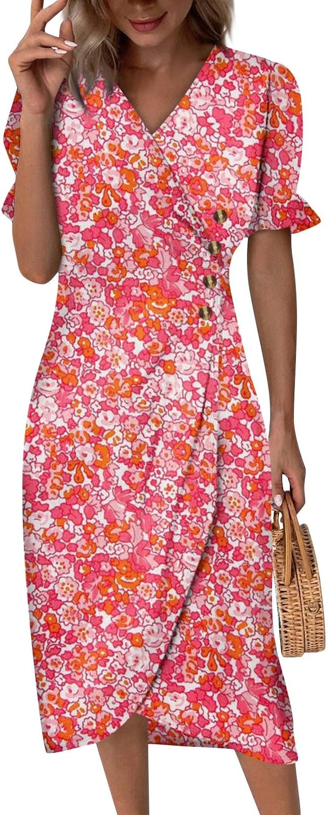 Beach Dresses for Women,2025 Spring Summer Trendy Floral Print Boho Dress,Elegant V Neck Ruffle Short Sleeve Midi Dress,Ruched Button Irregular Hem Vacation Dress Resort Wear(D-Red,S)