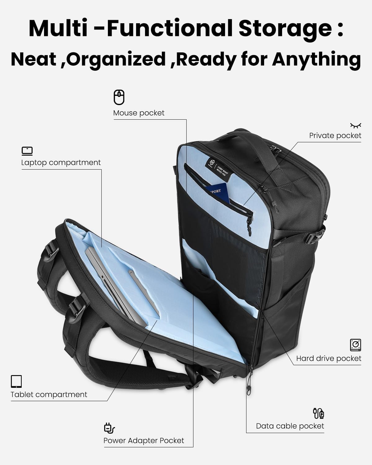 Portal Travel Backpack for Men & Women, 28L/38L Expandable Carry on Backpack, TSA Friendly Flight Approved Weekender Bag with 7-Zone Tech Organizer, Water Resistant Business backpack (38L)