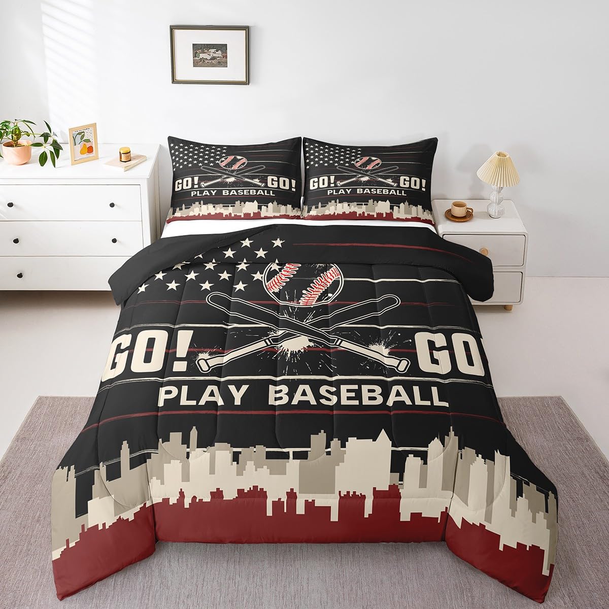 Juego de ropa de cama de béisbol matrimonial Feelyou con diseño de bandera americana