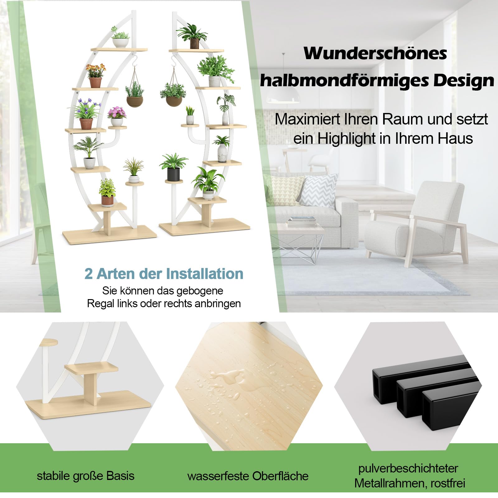 RELAX4LIFE Blumenständer, Pflanzenständer 6-Stufig, Pflanzenregal Metall, Innen & Außen Blumentreppe, Blumenregal mit Ablagen Haken für Wohnzimmer, Balkon, Schlafzimmer (2 Stück, Weiß)