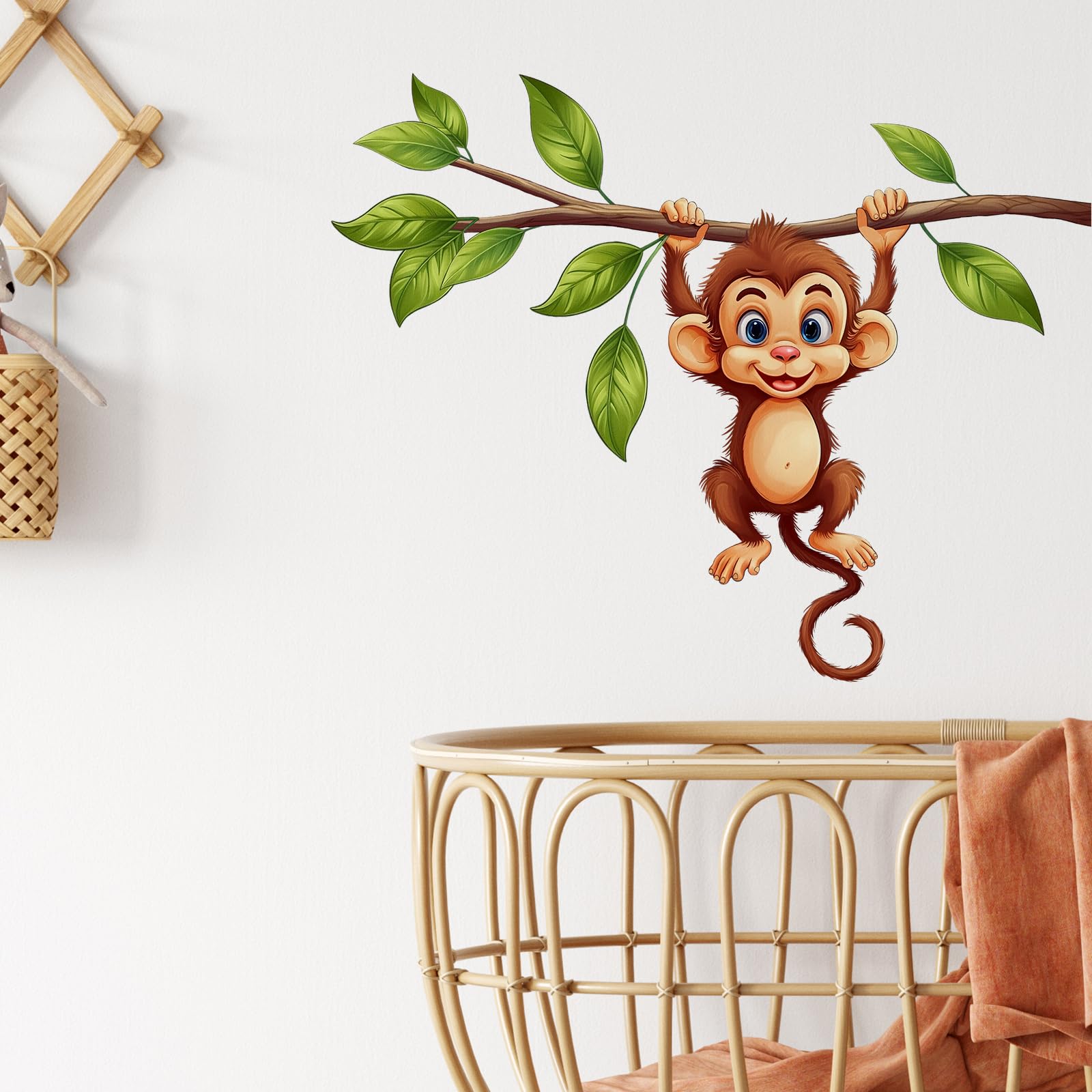Lindo mono colgando en rama calcomanía de pared de animales para guardería infantil bebé extraíble despegar y pegar arte de pared decoración del hogar para sala de juegos preescolar, sala de