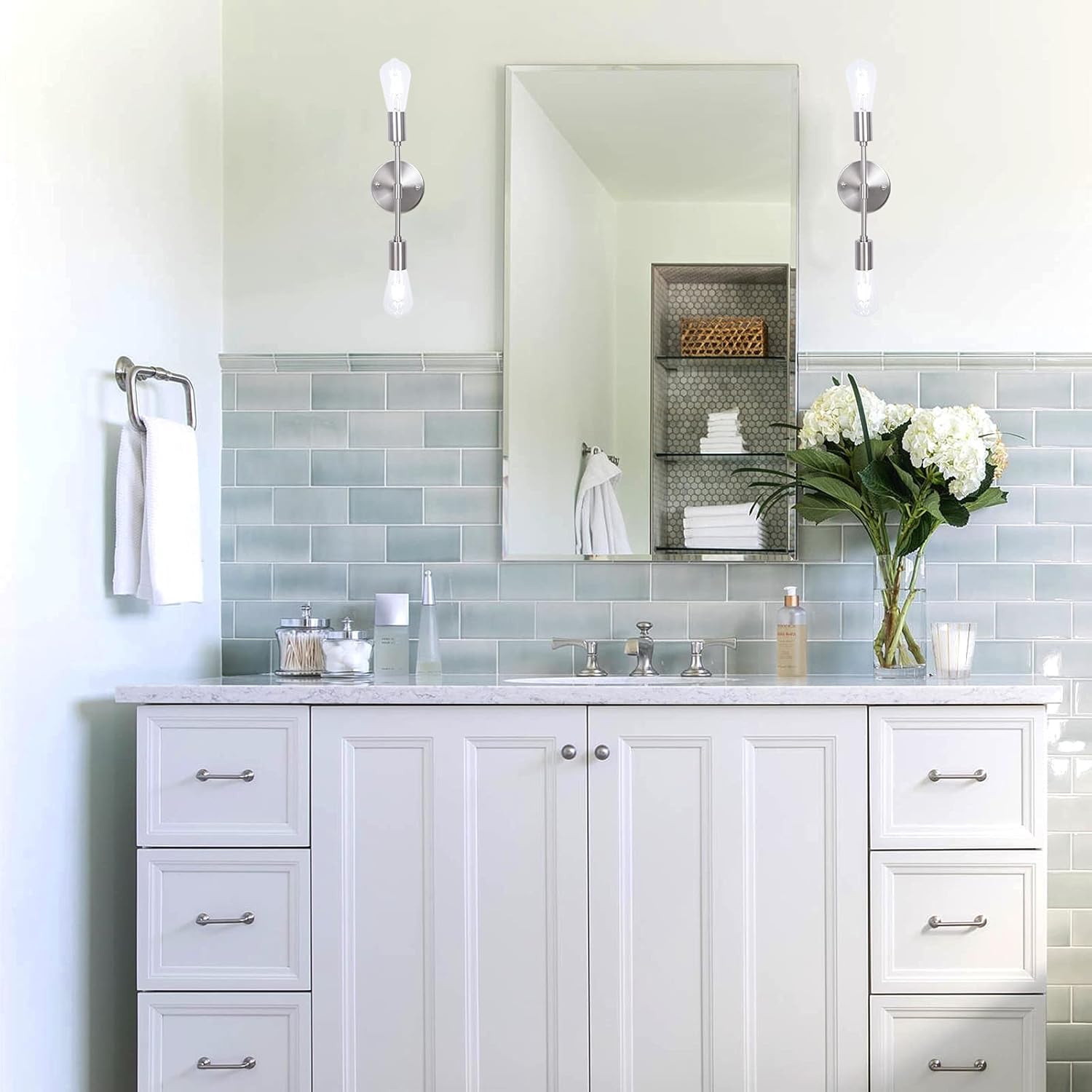 Exclusive Discount 90% Price KOSTOMO Nickel Vanity Lighting Fixtures Modern Edison Wall Sconce Lights Farmhouse Bathroom Sconce 2 Light for Kitchen Bedroom Mirror Cabinet