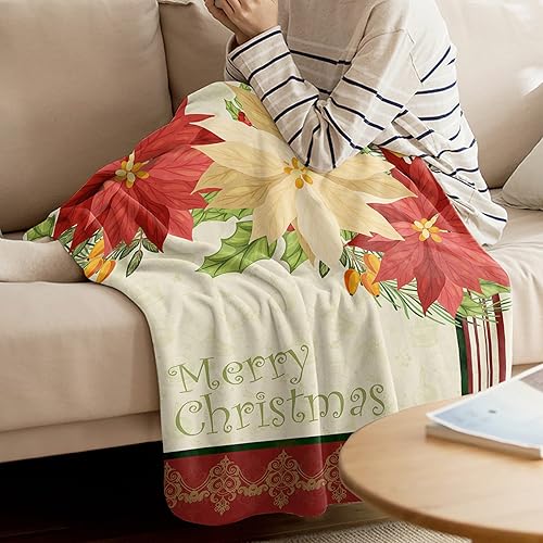 Miniatura 3 de Manta de microfibra súper suave y cálida con estampado floral de Feliz Navidad, hojas de flor de pascua, manta cálida para sofá, manta ligera para