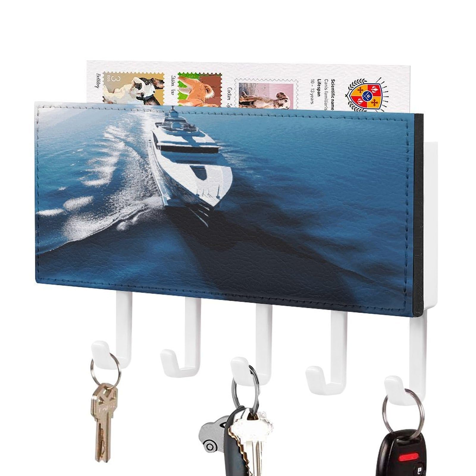 LDGSUPH Yacht Key Holder Wall Mount Key Hanger with 5 Hooks Fashion Key Organizer Rack Hanging Key Hooks with Mail Organizer Key Rack for Home Entryway Hallway White-Style