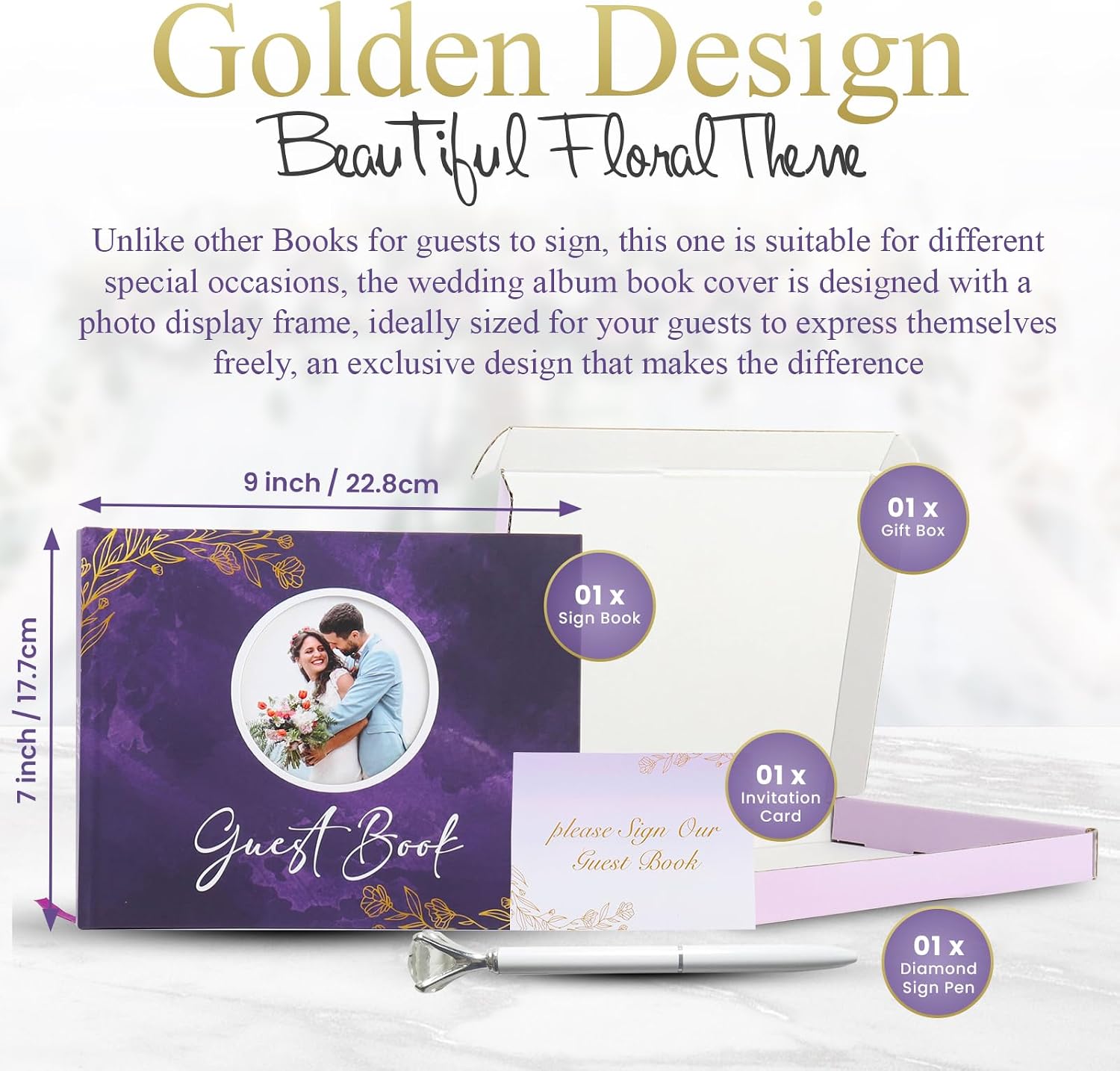 Generic Wedding Guest Book with Polaroid Photo Section, Hardcover Keepsake for Special Memories Includes Guest Sign-in Table Card & Pen, Ideal for Wedding Receptions, Memory Book to Write, Purple