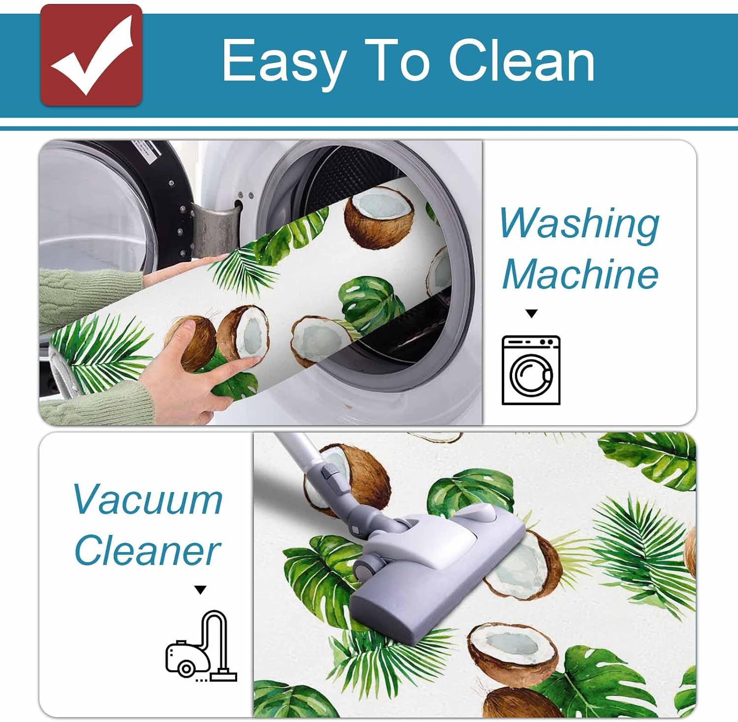 Prime Leader Coconut Palm Leaf Kitchen Mat Set 2 Pieces Tropical Summer Watercolor Green Leaves Non Slip Kitchen Rugs Washable Runner Rug Mats for Sink Laundry (23.6" x 35.4"+23.6" x 70.9")