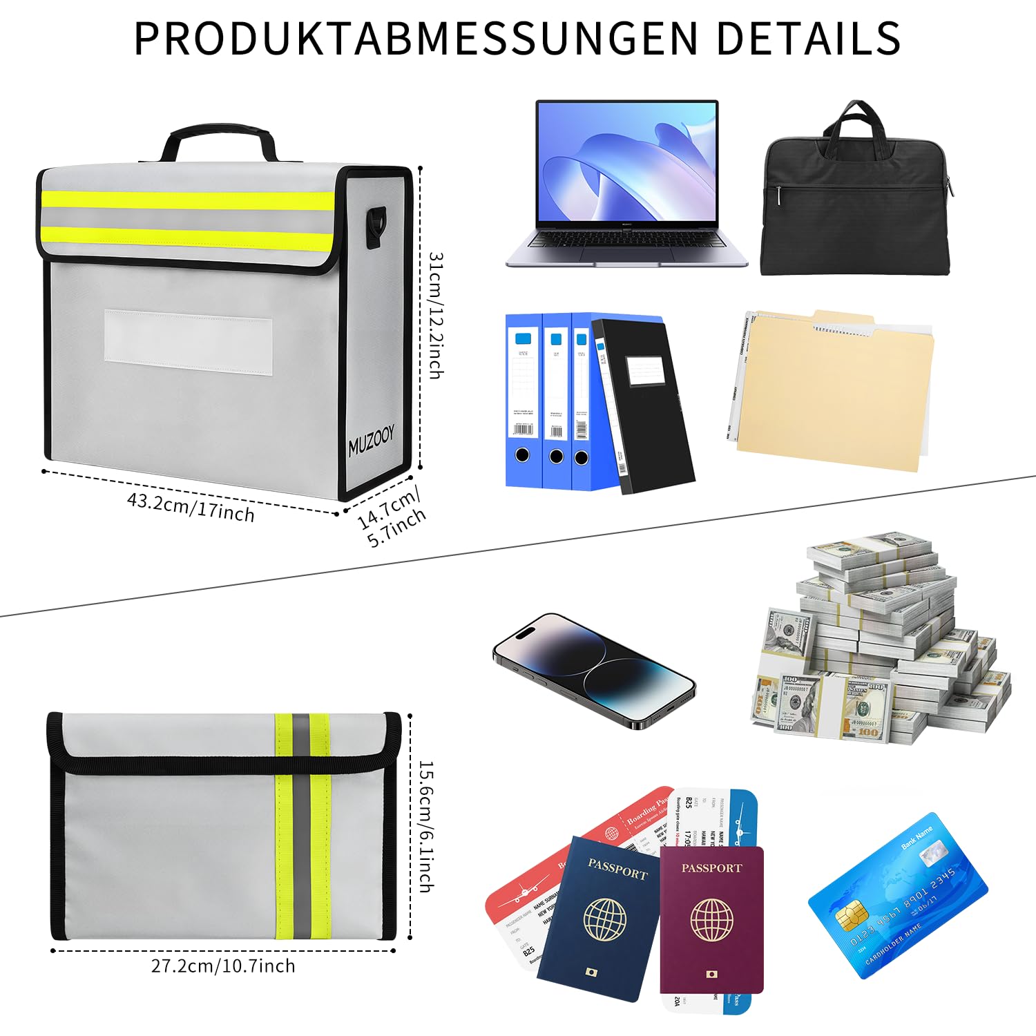 Borsa portadocumenti ignifuga e impermeabile, 6 strati, protezione antincendio, 43 x 30 x 13 cm, 4500 °C, con protezione per portafoglio, riflettente, per trovare la notte, protegge gli oggetti di