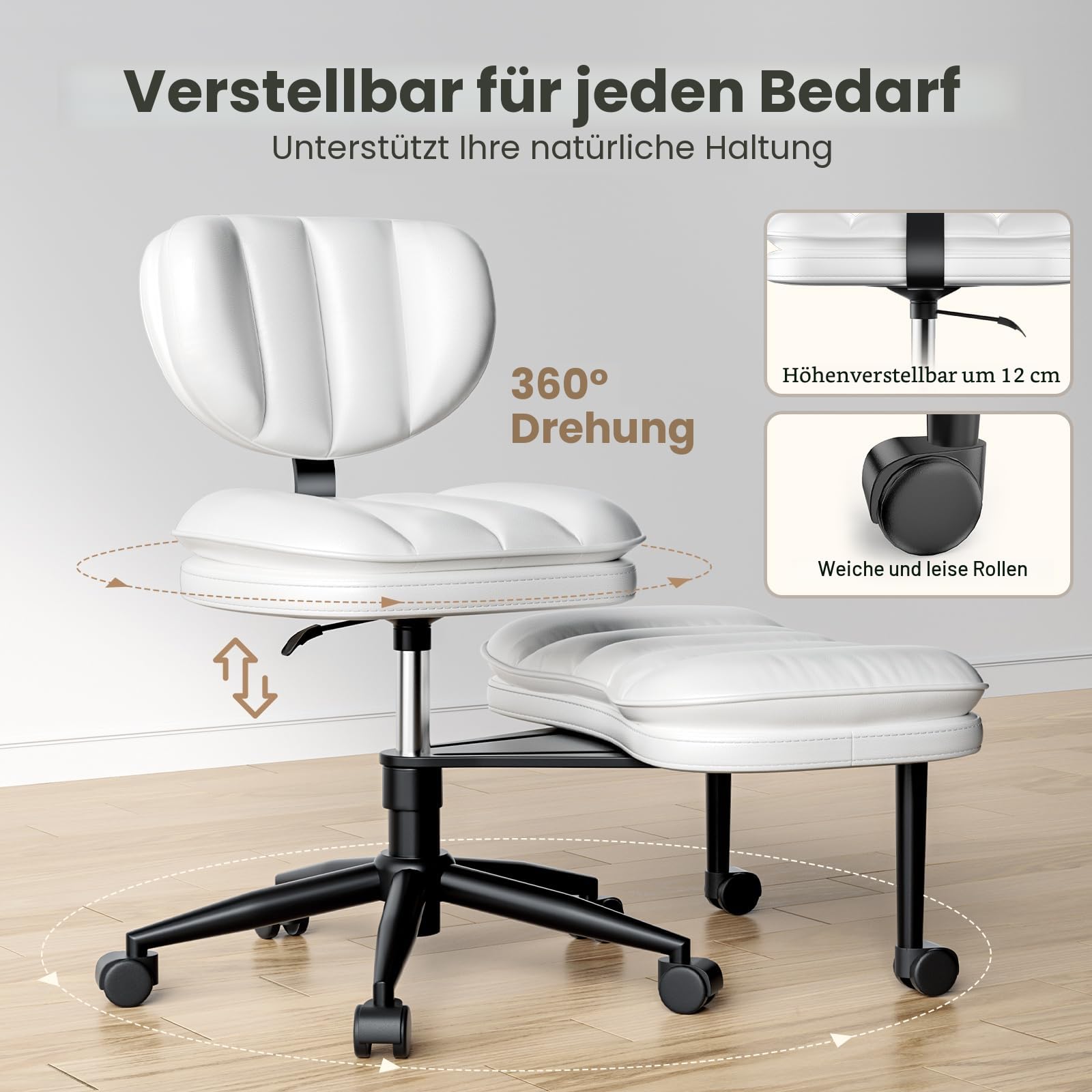 HOMRELEXA Bürostuhl mit Kreuzbeinen, 360° drehbar, Ergonomischer Kniestuhl, Criss Cross Schreibtischstuhl mit Verstellbarer Höhe, ADHS-Meditationsstuhl mit Rückenstütze, Cloud PU-Leder, Reinweiß
