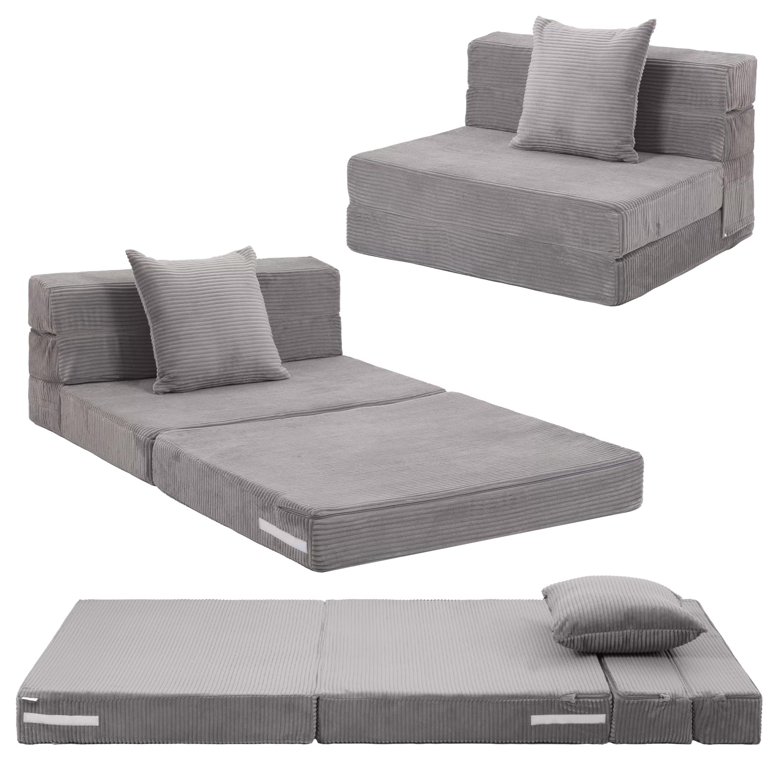MeMoreCool Folding Mattress Single 190x90cm, High Density Foam Fold Out Sofa Chair Z Bed, Foldable Futon Mattress, Floor Lounger Guest Couch Bed for Sleeping, Travel, 13cm Thick, Grey