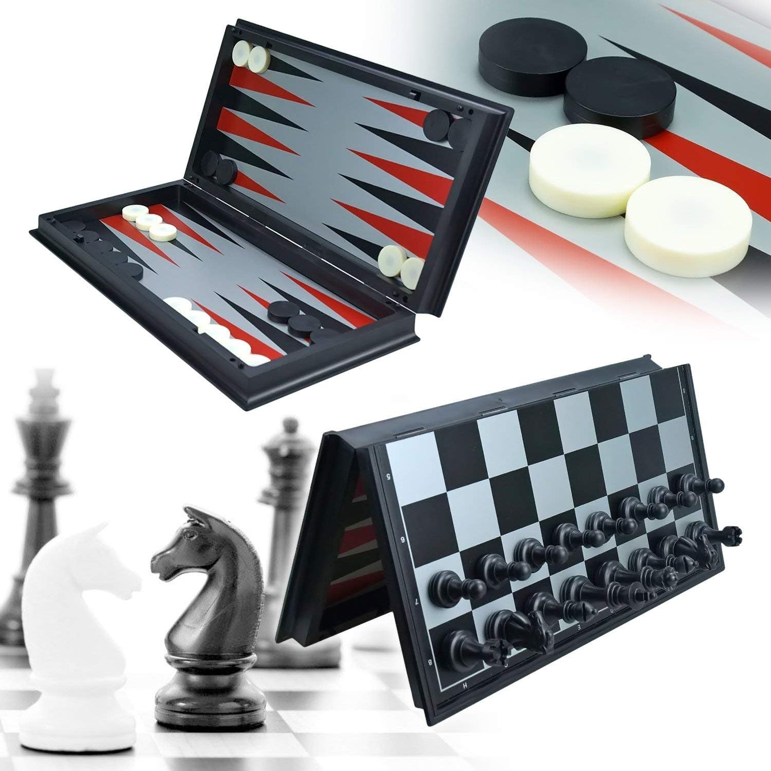 PUNICS 3 in 1 Game Set -Chess Checkers Backgammon Pieces Travel Chess Set Magnetic Foldable Chess Set Portable Board Game for Kids and Adults, 9.8 x 9.8 x 0.8 Inch