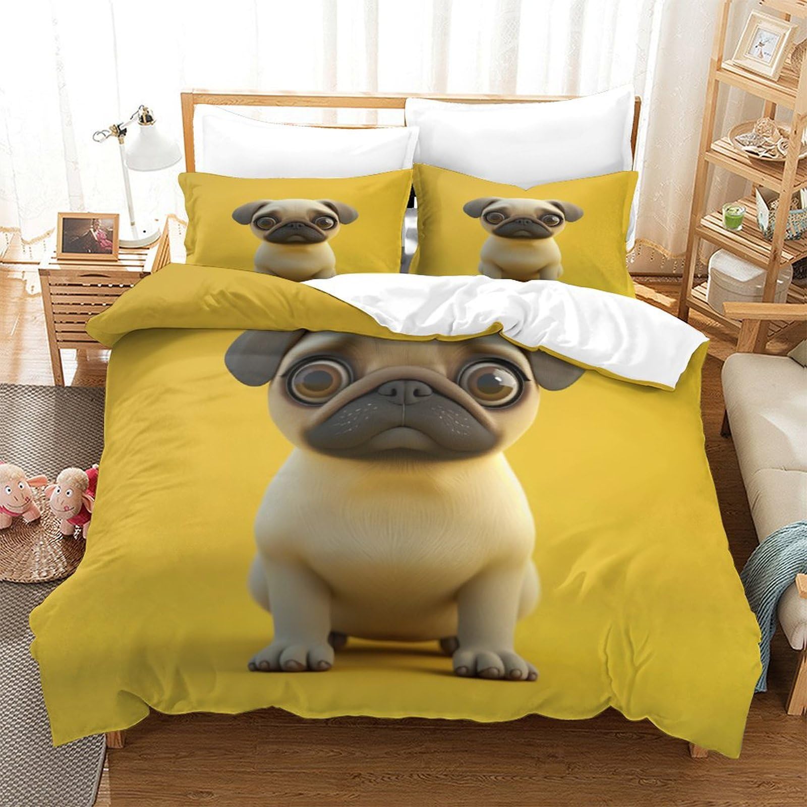 P1S9U7W5Y Adorable Cartoon 3D Printed Pug Duvet Cover Set 3 Pieces Microfiber Bedding for Adults Teens Bedroom Dog Design Bed Linen King（220x240cm）