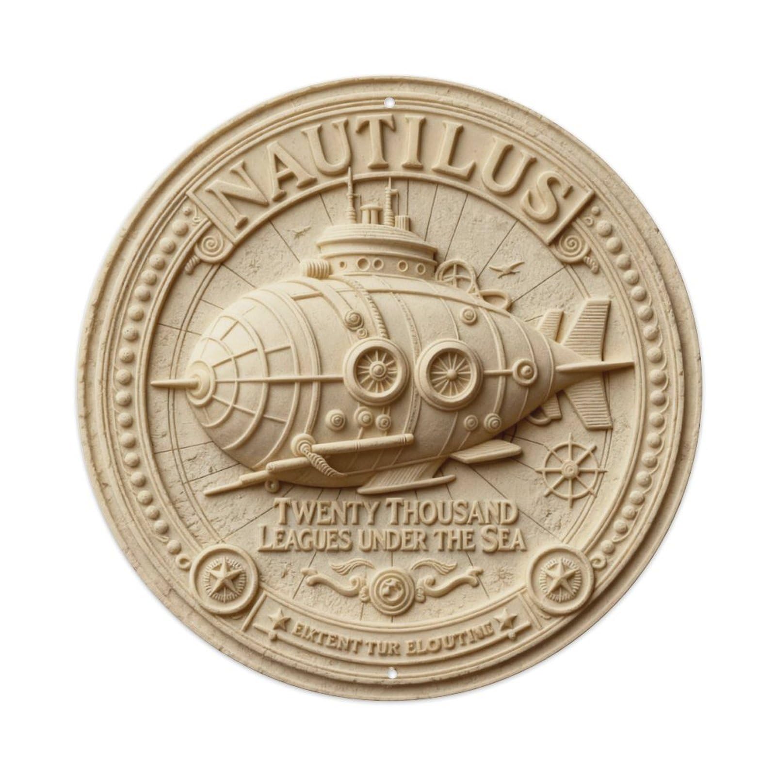 Steampunk Submarine Nautilus Emblem Design Round Metal Tin Sign Vintage Wall Decor, Bar Garage Cafe Kitchen Home Wall Art Poster 8x8inches