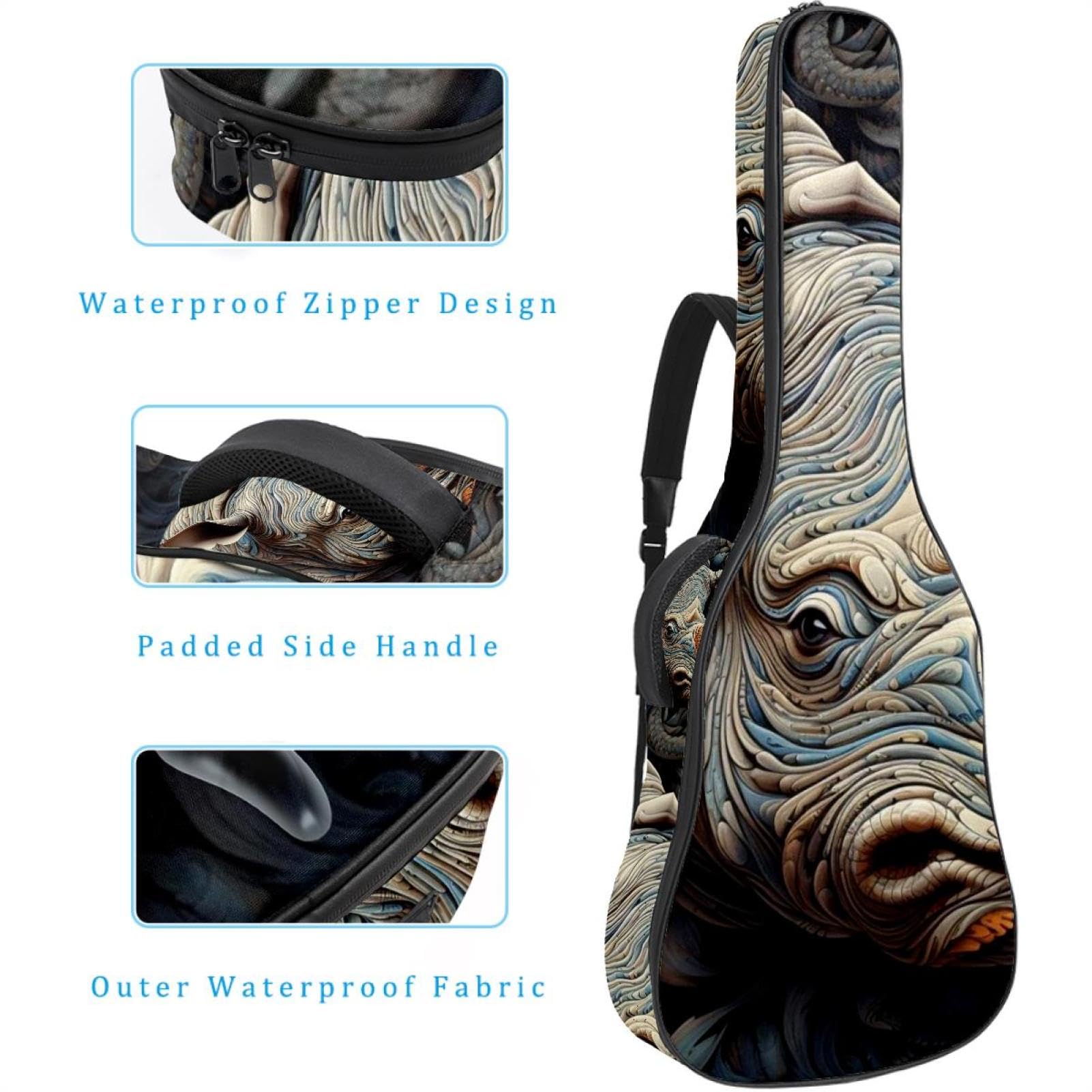 Cool Rhino 69 Akustikgitarrentasche mit 2 Taschen, verstellbarem Schultergurt und Rückenaufhänger, geeignet für E-Gitarren, Bassgitarren und klassische Gitarren, Cooles Nashorn, 42.9x16.9x4.7 in,