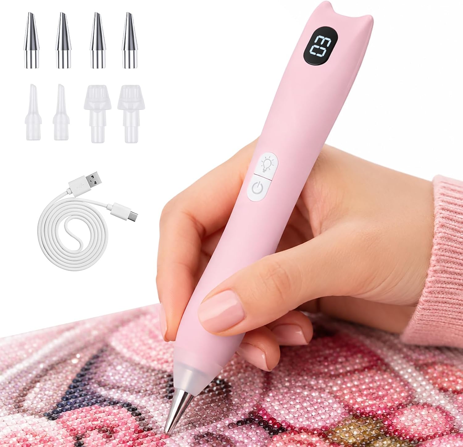 Kkluno Electric Diamond Painting Pen with Digital Display, 3 Brightness Levels Diamond Art Kits for Adults, Ergonomic Grip and Extra Tips, Wireless & Rechargeable Quiet Suction Diamond Painting Pen