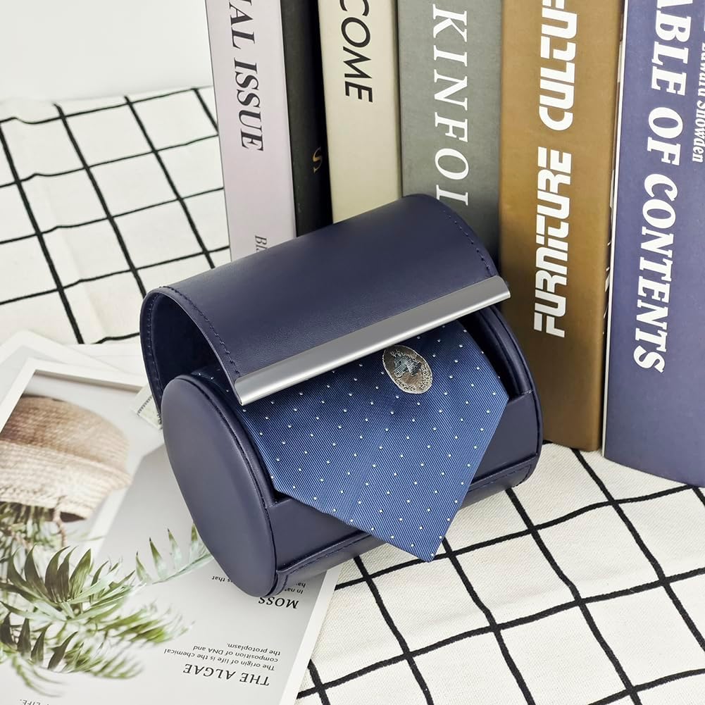 Leather Tie Case Hard Shell Travel Gift Box (long button, Blue, 4.3" x 3.3" x 3.3")