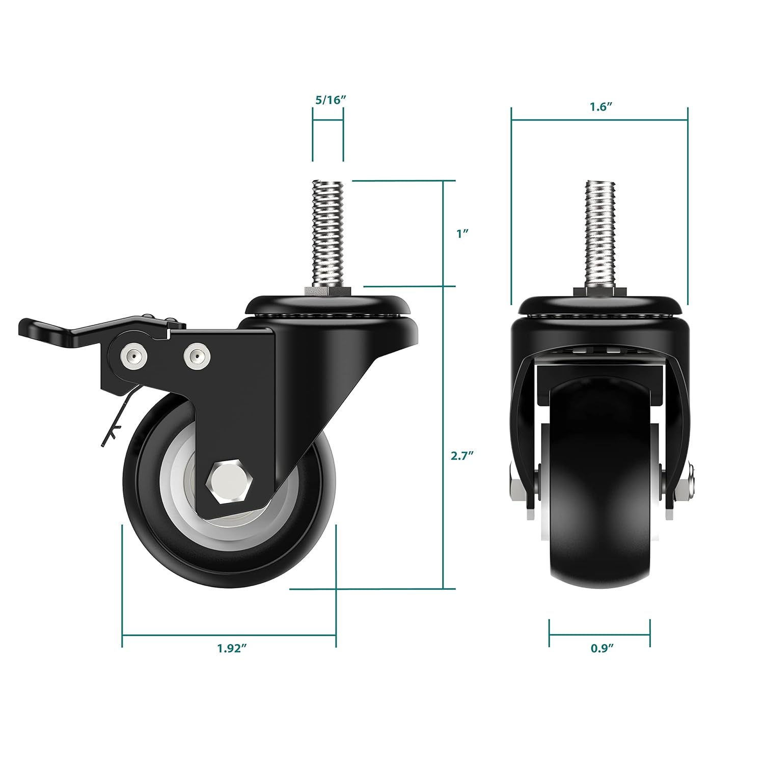 HOLKIE Caster Wheels 2 inch Total Locking Stem Casters, 5/16" -18 x 1" (Stem Diameter 5/16", Stem Length 1") Threaded Stem Casters Swivel Casters Set of 4 Heavy Duty Castors Black: Industrial & Scientific