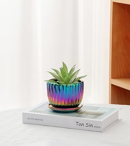 Miniatura 6 de Ton Sin Macetas de cerámica, color morado, juego de 3, pequeñas macetas esmaltadas para suculentas con orificio de drenaje, maceta de cactus con