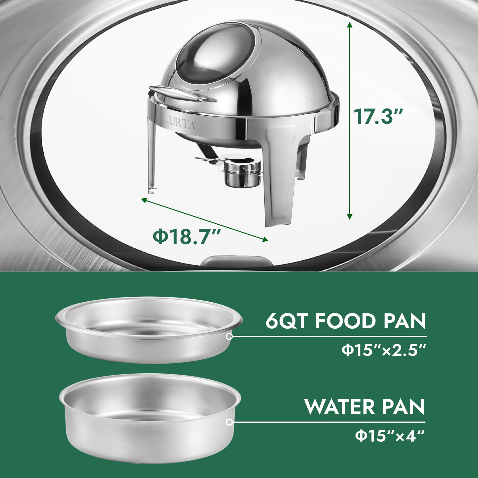 CURTA Calentador de catering redondo de 6 cuartos de galón, juego de bufé de platos de roce superior enrollable, chafer comercial para catering