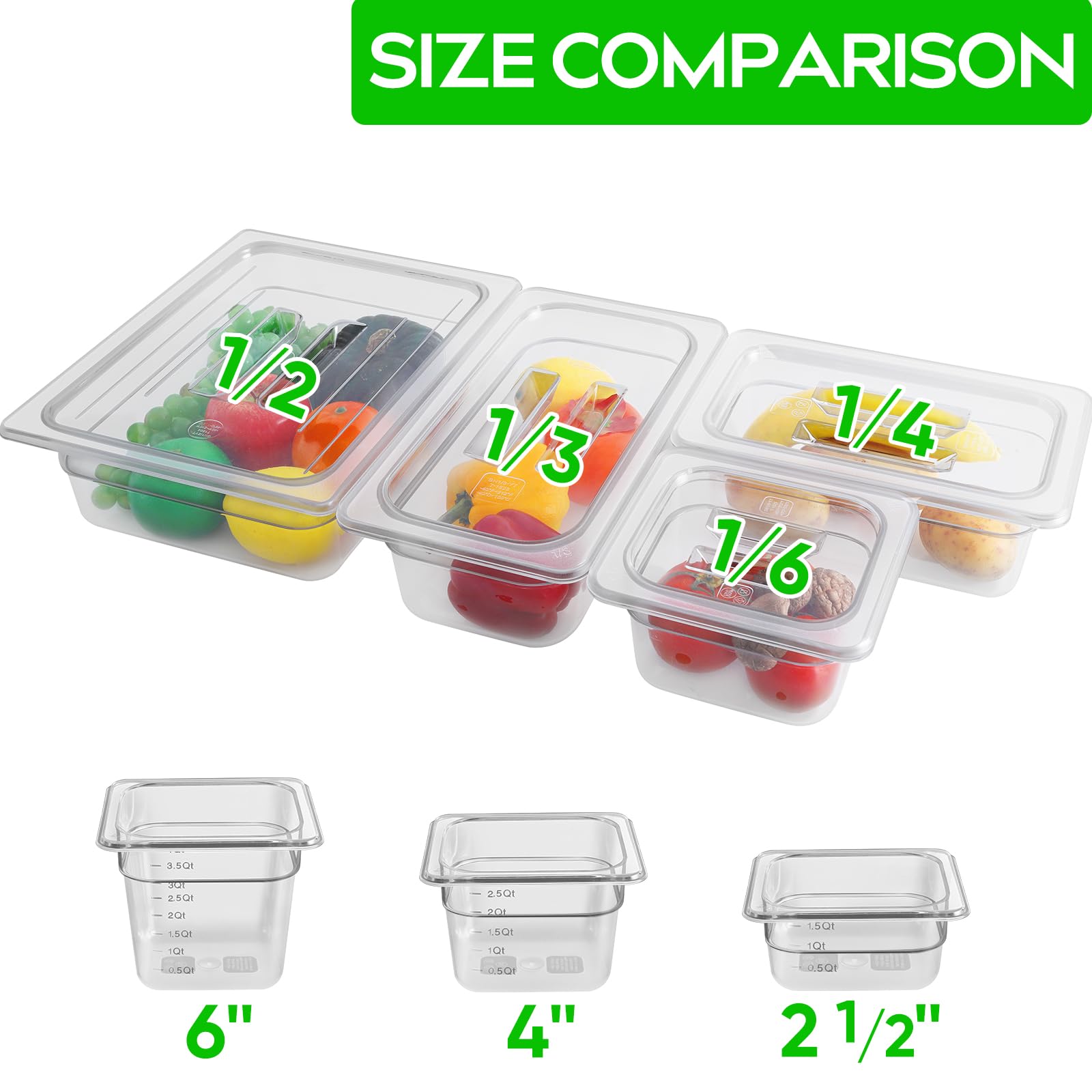 Paquete de 6 sartenes transparentes de 1/6 de 6 pulgadas de profundidad con tapas, sartenes comerciales de policarbonato transparente para almacenamiento de alimentos, sartén de plástico apilable con