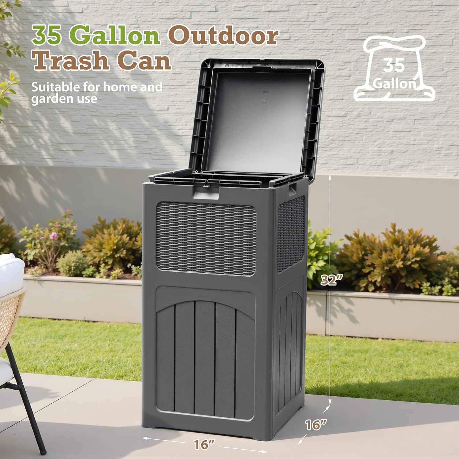 Homall 35 Gallon Outdoor Trash Can, Garbage Can with Lid, Waterproof Resin Waste Bins for Garden, Backyard, Patio Use (Gray)