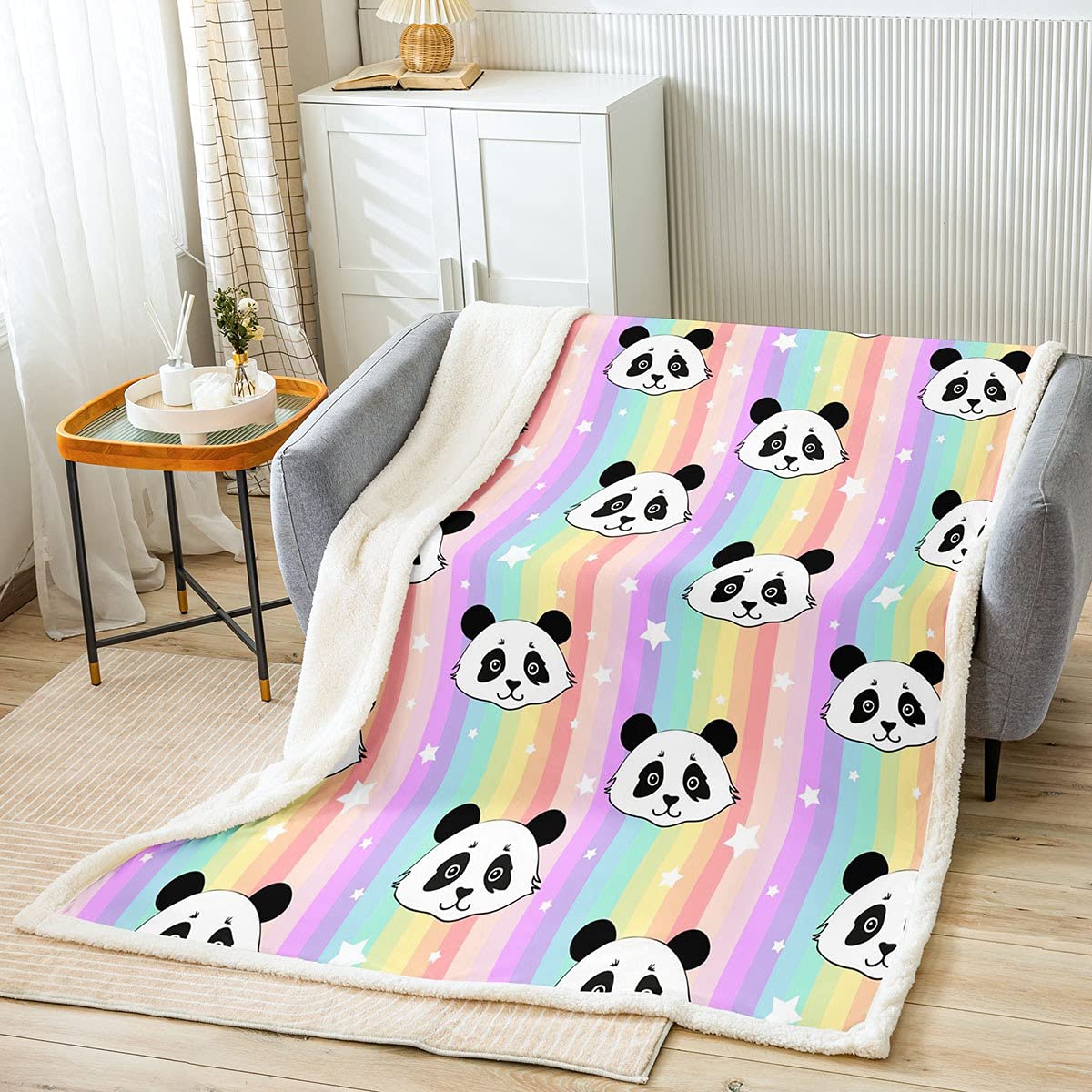 Loussiesd Koc polarowy panda uroczy zwierzę sherpa koc ultramiękki kawaii panda niedźwiedź narzuta koc na łóżko sofę kolorowy tęczowy pluszowy puszysty koc królewski 23 x 230 cm