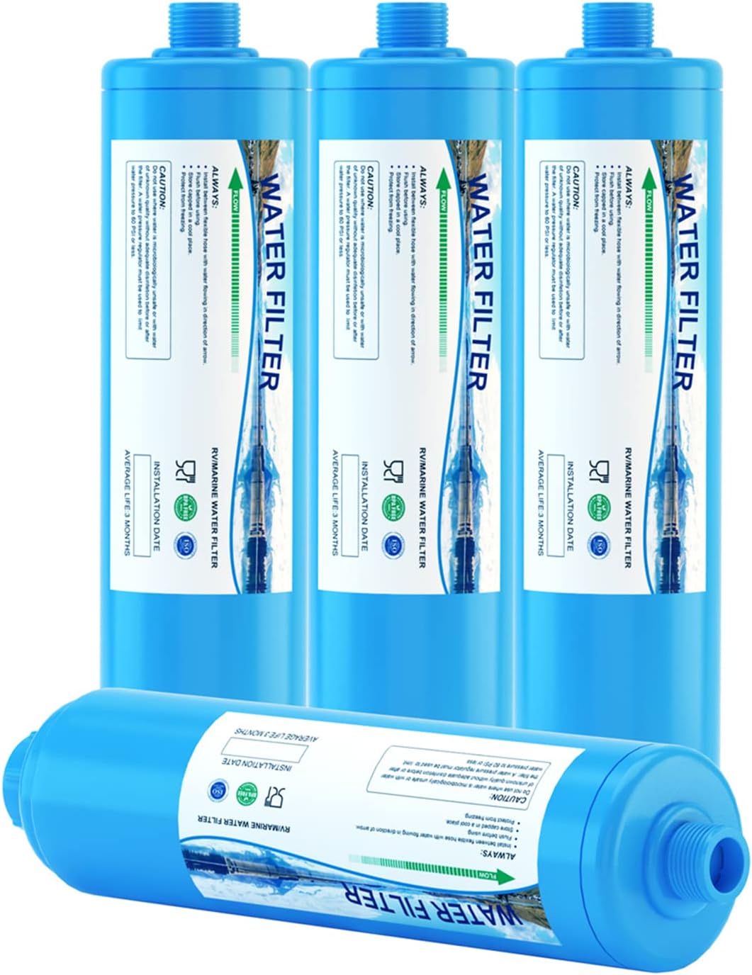 4 Pack RV Water Filter System,RV Fresh Water Hose Filter, Reduces Odors, Bad Taste, Rust, Chlorine, Upgraded Inline Water Filter for Marine, Campers, Travel Trailers, Boats (4, Blue)