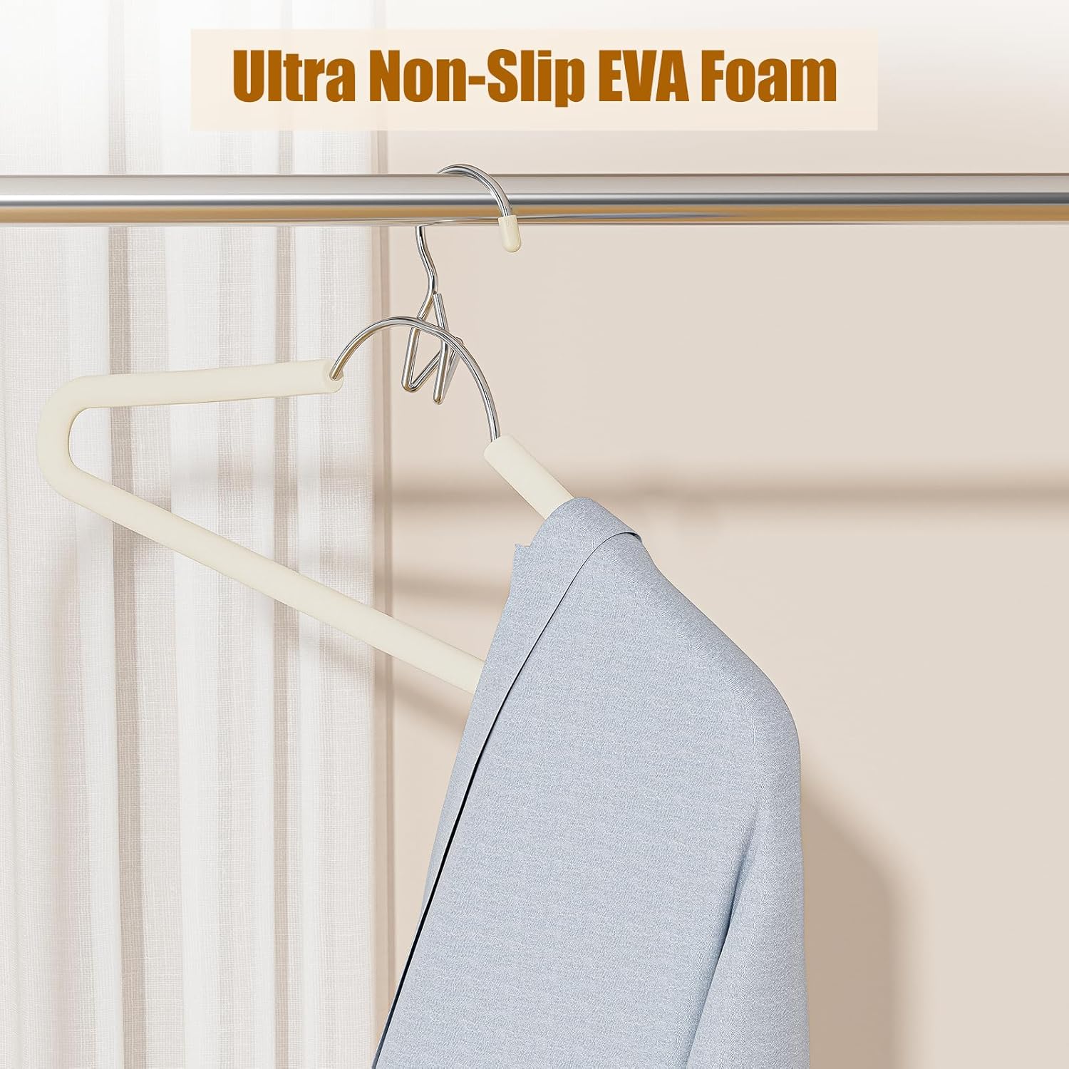 5 Pack Open Ended Pants Hangers with Non-Slip Foam Padding & V-Hook, 0.17” Heavy Duty Durable Metal, Durable Rust-Resistant & Space Saving Closet Organizer for Trouser, Coat, Camisoles, Beige