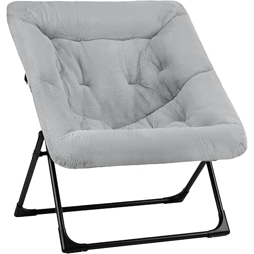 Folding Saucer Chair, Comfy Faux-Fur Reading Chair, Foldable Accent Chair for Teens, Adults, Oversized Lazy Chair, Large Lounge Chair for Living Room, Bedroom, Dorm, Grey