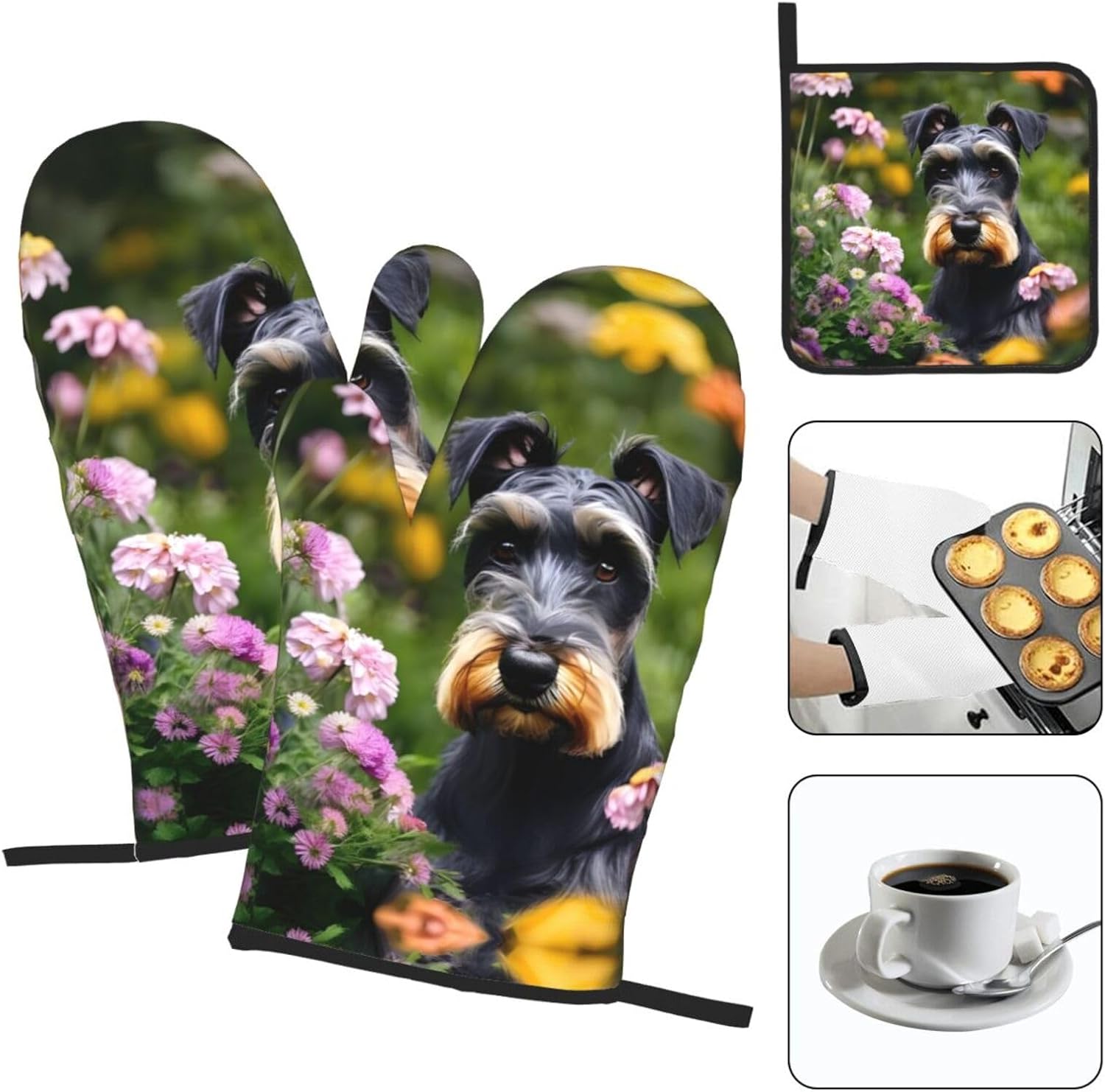 Schnauzer Print Heat Resistant Microwave Gloves, Used for Baking, Cooking, and Fashion Kitchen Essentials