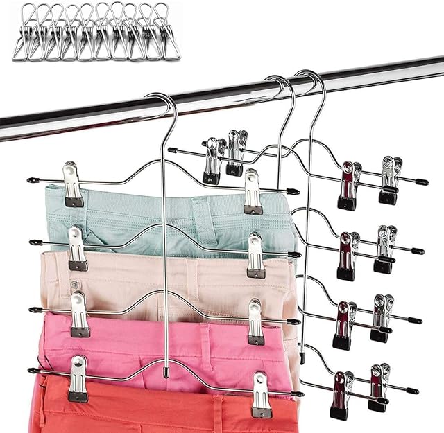 Qualsen Space Saving Hangers, 4 Tier Skirt Trouser Hangers with Clips, Metal Multifunctional Hangers with Soft Adjustable Clips, 3 Pack Skirt Hangers for Pants, Slacks, Jeans, Towels, Shorts Organizer