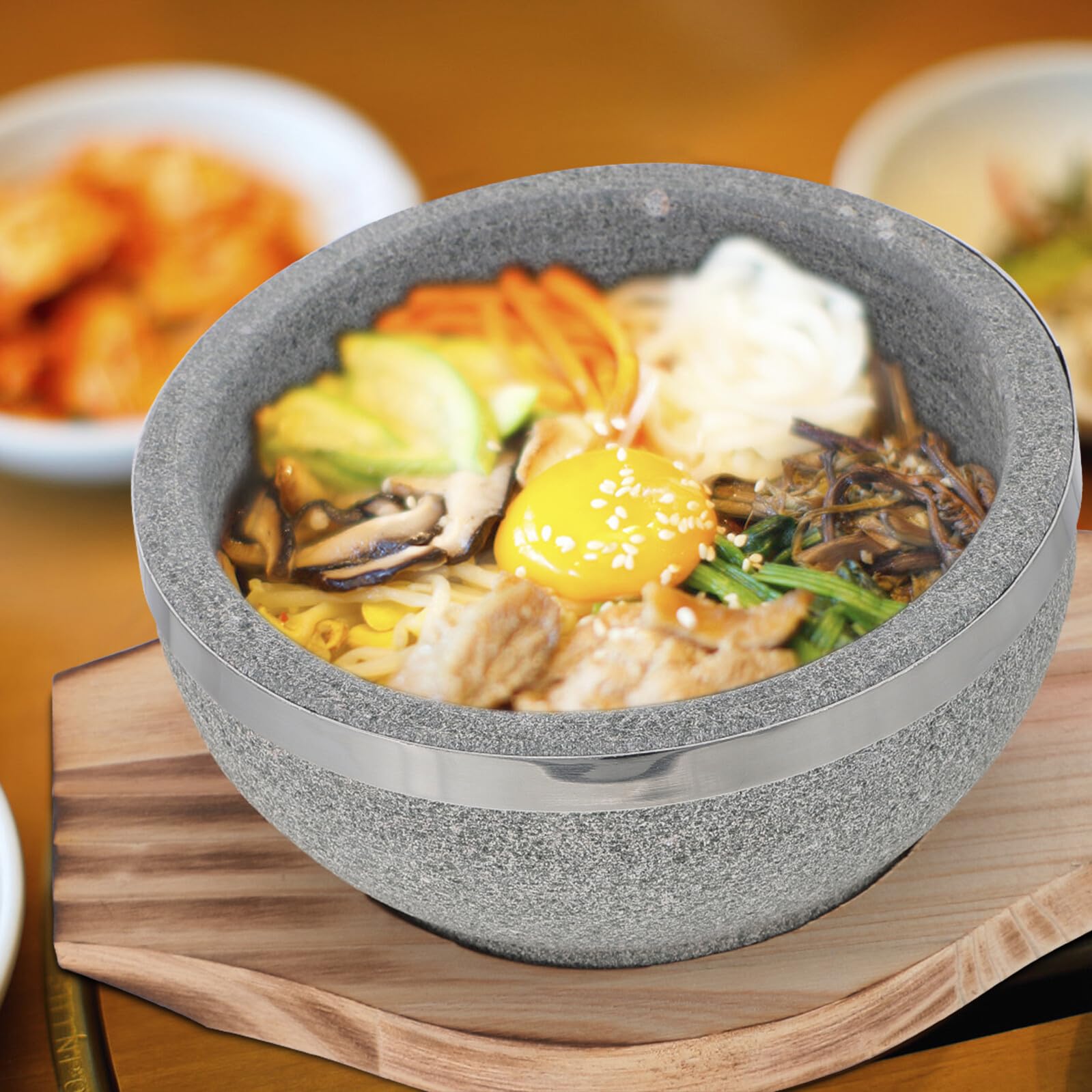 iplusmile Misek Kamiennych Do Bibimbap z Drewnianą Podstawką Idealny Do Gotowania Podawania i Potraw Ciepły Pojemnik Jedzenie Elegancki Wygląd Doskonałe Wykonanie