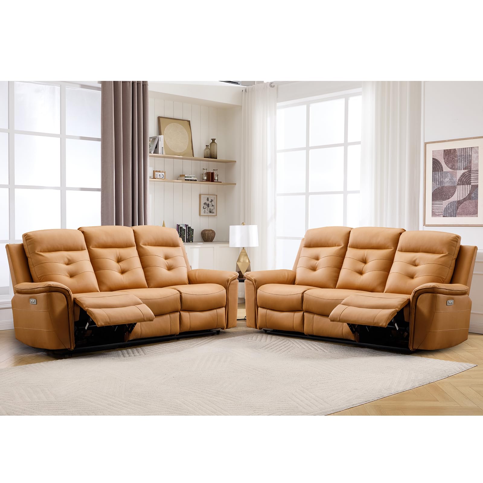 ANJ Power Oversized Reclining Sofa Couch Set of 2, Breathable Faux Leather 3-Seater Electric Recliner Couches with USB Charging Ports for Living Room, Yellow