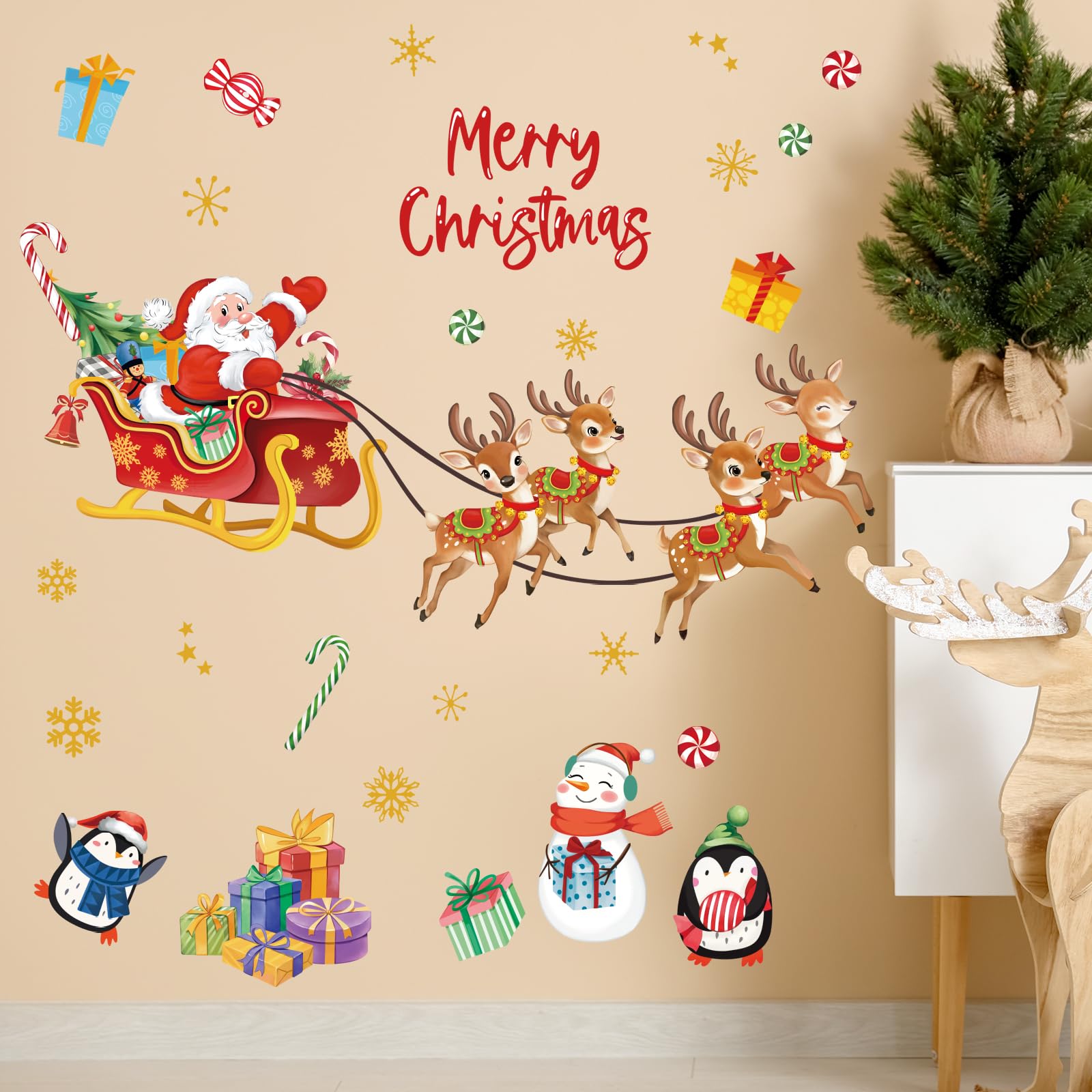FUFUQUARE Merry Chritsmas Santa Claus Reindeer Wall Stickers Watercolor Xmas Penguins Snowman Wall Art Decals Peel and Stick Removable PVC Winter Party Supplies - Image 3