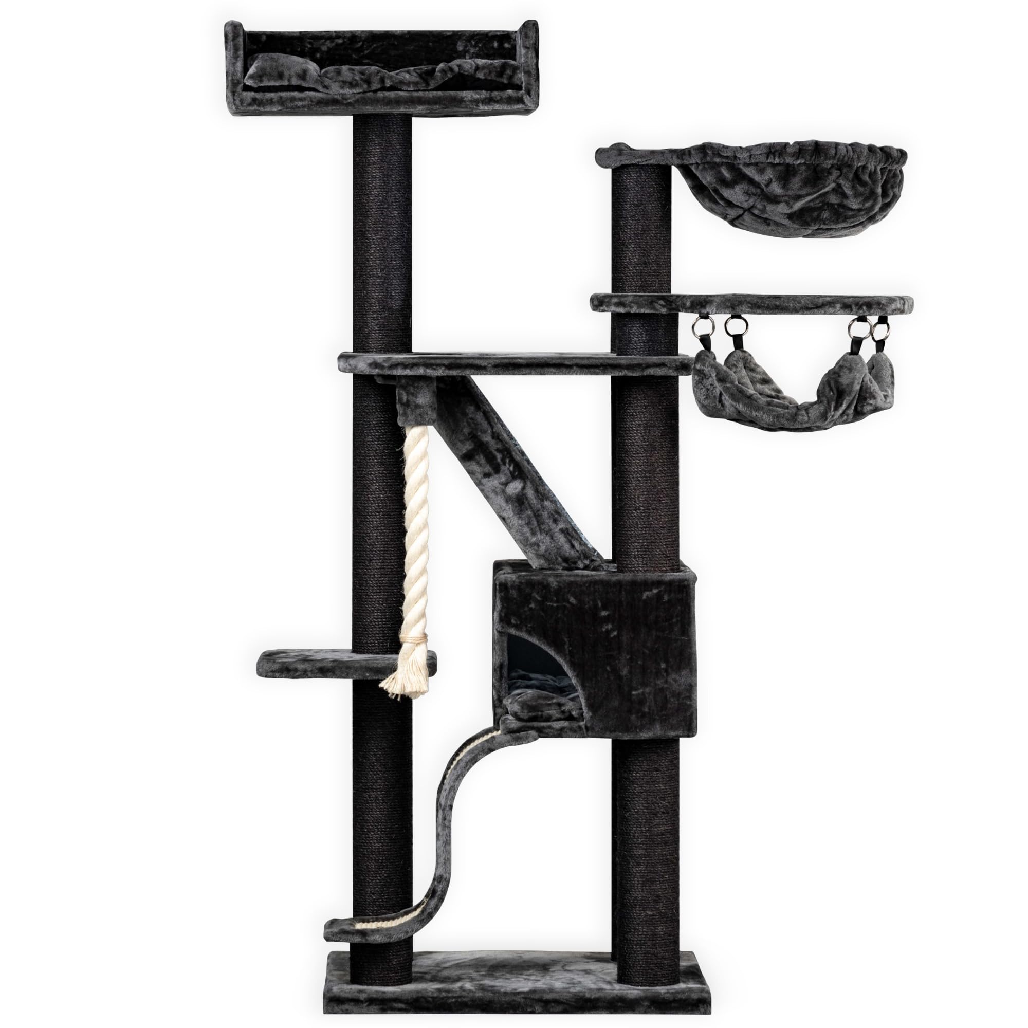 RHRQuality Cat Tree for Large Cats - Kilimanjaro Deluxe Crown – 195 cm High – With 12 cm Sisal Posts & Luxury Resting Place – Blackline Dark Gray