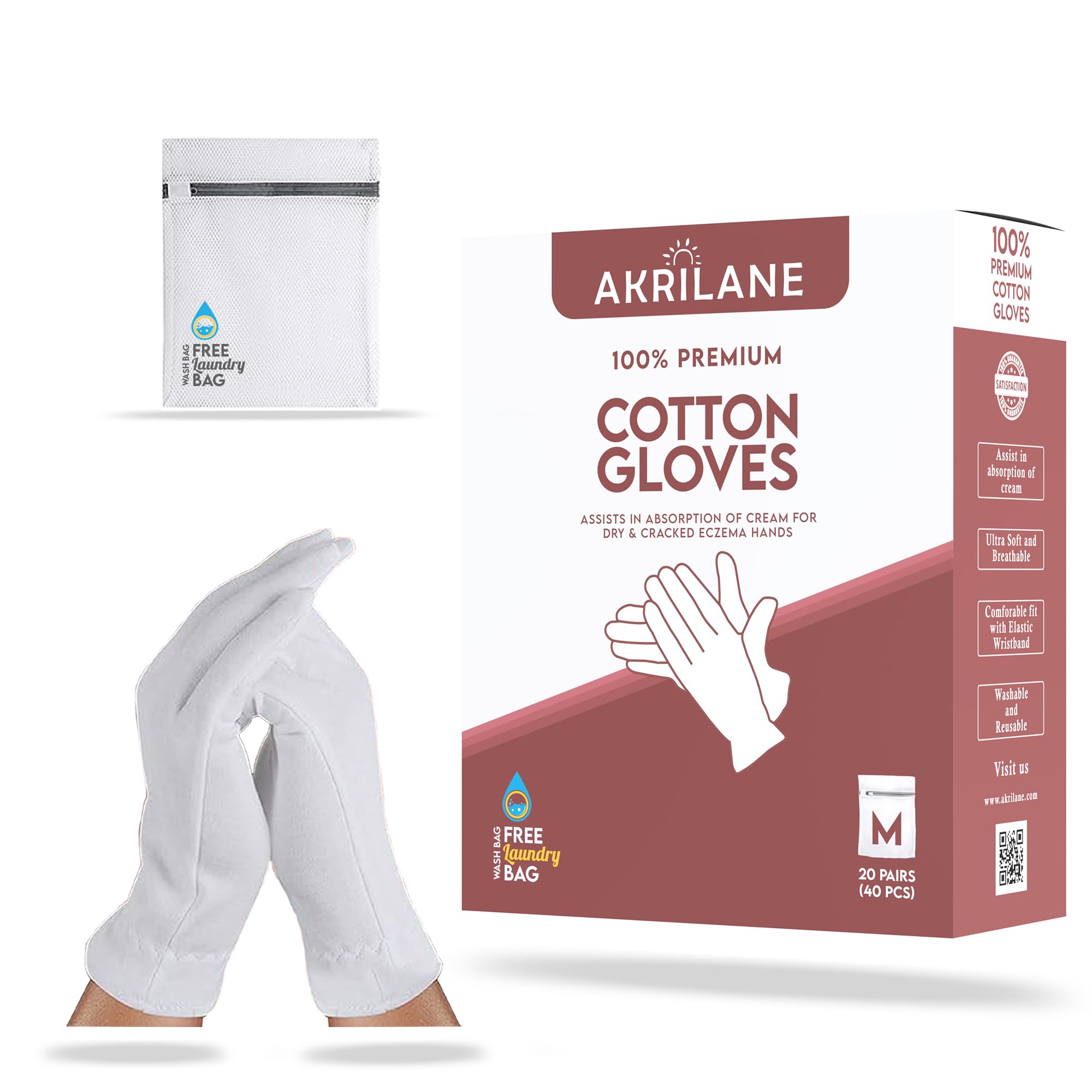 M - 20 pares de guantes de algodón 100% de alta calidad para manos secas, guantes hidratantes durante la noche para eccema, psoriasis y tratamiento de spa para mujeres y hombres, lavables y