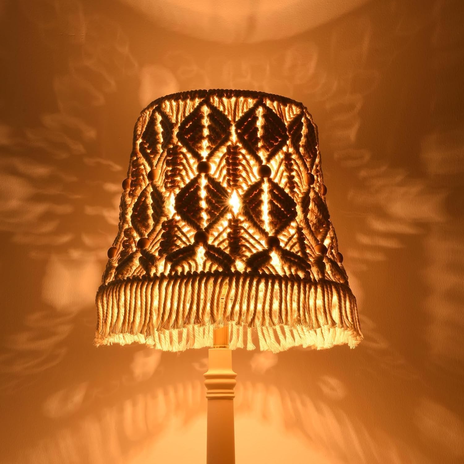 Medium Macrame Lamp Shade, Boho Ivory-White Weave Lampshade with Wooden Bead & Tassel Decoration, 7.5 x 12 x 11 Inches, Easy Installation for Table and Floor Lamps